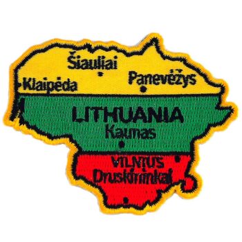 Siuvinėtas antsiuvas Lietuvos žemėlapis su miestais trispalvė 75x60 mm