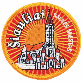 Siuvinėtas antsiuvas Šiauliai Saulės miestas apvalus 65 mm