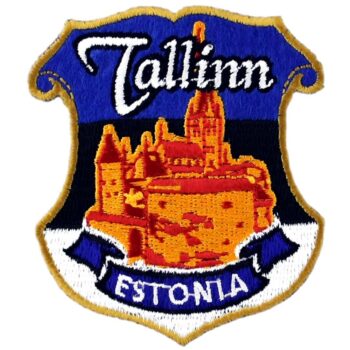 Siuvinėtas antsiuvas Tallinn Estonia skydo formos su miesto siluetu 65x75 mm