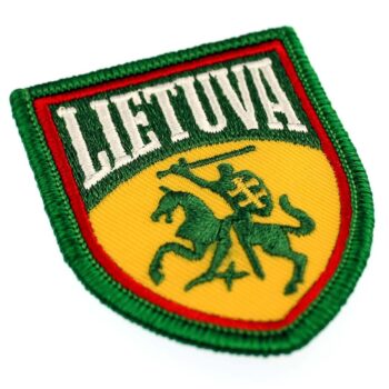 Siuvinėtas antsiuvas Lietuva Vytis žalias skydo formos 50x65 mm