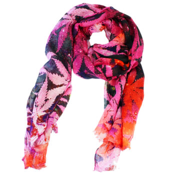 Fuksijos spalvos moteriškas šalikėlis su lapų raštu
