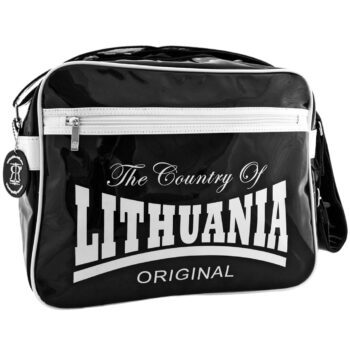 Juoda blizgi rankinė Lithuania su baltu užrašu ir užtrauktuku