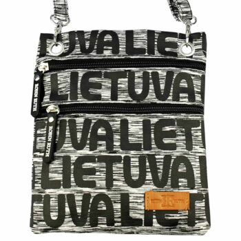 Pilka kaklo piniginė Lithuania su juodais užrašais ir užtrauktukais