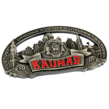 Sidabro spalvos metalinis šaldytuvo magnetas su Kauno miesto simboliais