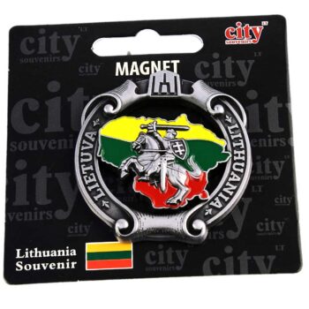 Magnetas Lietuva su trispalve ir Vyčiu ant suvenyrinės pakuotės