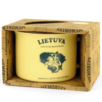 Geltonas puodelis Lietuva su Vyčiu supakuotas dovanų dėžutėje