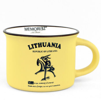 Yellow ceramic mug Lithuania with Vytis symbol and Republic of Lithuania text