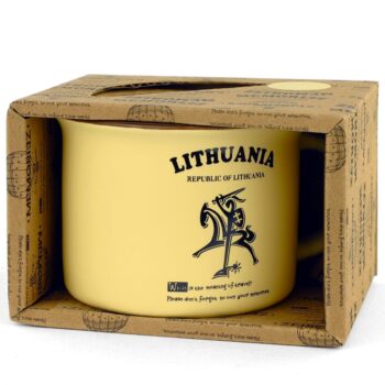 Yellow Lithuania mug with Vytis in gift box packaging