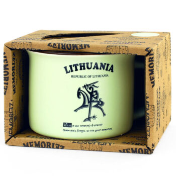 žalias puodelis lietuva dėžutėje su vytimi suvenyras