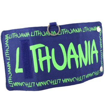 Mėlyna Lithuania piniginė išskleista su užrašu ir žiedu