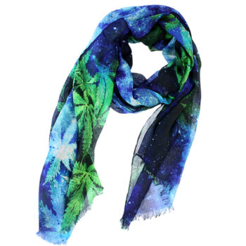 Mėlynas moteriškas šalikėlis su žalių lapų raštu