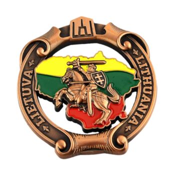 Metalinis šaldytuvo magnetas su Vytimi ir Lietuvos trispalve – vario spalva