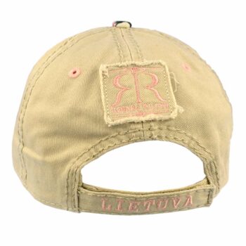 Smėlio spalvos moteriška kepurė su gėlėtu snapeliu ir užrašu LIETUVA iš galo