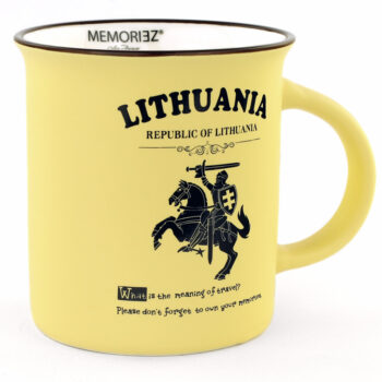 Geltonas keramikinis puodelis Lithuania su Vyčio simboliu
