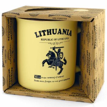 geltonas puodelis lithuania su dėžute memoriz