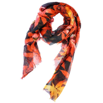 Raudonas moteriškas šalikėlis su oranžinių lapų raštu