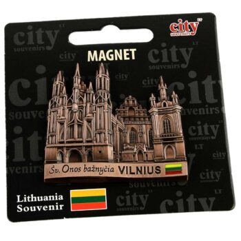Metalinė šv. Onos bažnyčios magneto figūrėlė su pakuote, užrašas „Vilnius“, Lietuvos trispalvė