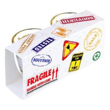 Suvenyrinių taurelių pakuotė su spaudais ir žymomis