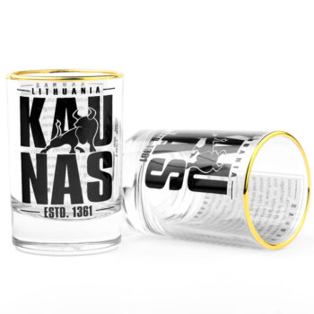 Stikliukas su Kauno užrašu ir buliaus simboliu, papuoštas auksiniu apvadu