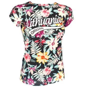 Pilki moteriški marškinėliai Lithuania Original su tropinių gėlių raštu