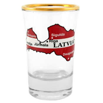 Stiklinė taurelė Latvija su žemėlapiu ir auksine juostele