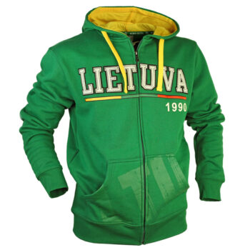 Žalias džemperis su užrašu LIETUVA 1990 ir trispalvės motyvais, su užtrauktuku