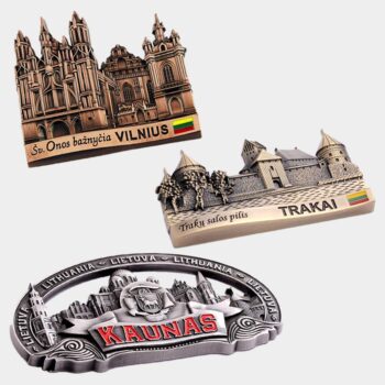 Metaliniai šaldytuvo magnetai su Lietuva ir miestų simbolika