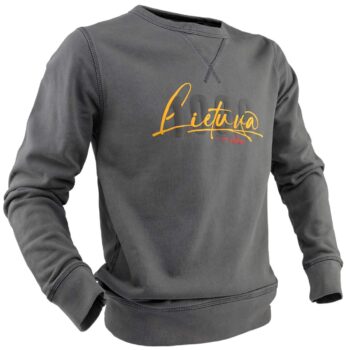 Pilkas vintage stiliaus džemperis su užrašu „Lietuva – ir dabar“