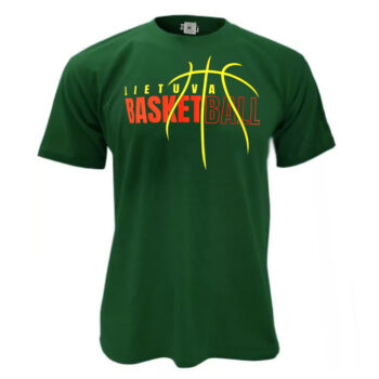 Žali marškinėliai su užrašu Lietuva Basketball ir stilizuotu krepšinio kamuoliu