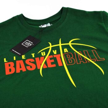 Žali marškinėliai su užrašu Lietuva Basketball ir geltonu krepšinio kamuoliu