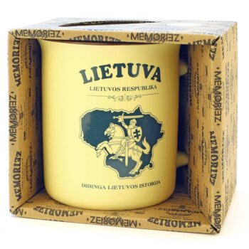 Geltonas puodelis Lietuva su Vyčiu ir istorija originalioje MEMORIEZ pakuotėje