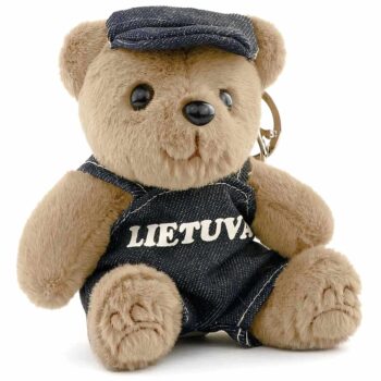 Rudas meškiukas Lietuva su džinsiniu kombinezonu